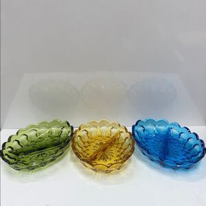 Set of Three Anchor Hocking Fairfield Pattern Laser Blue Oval Divided Dish